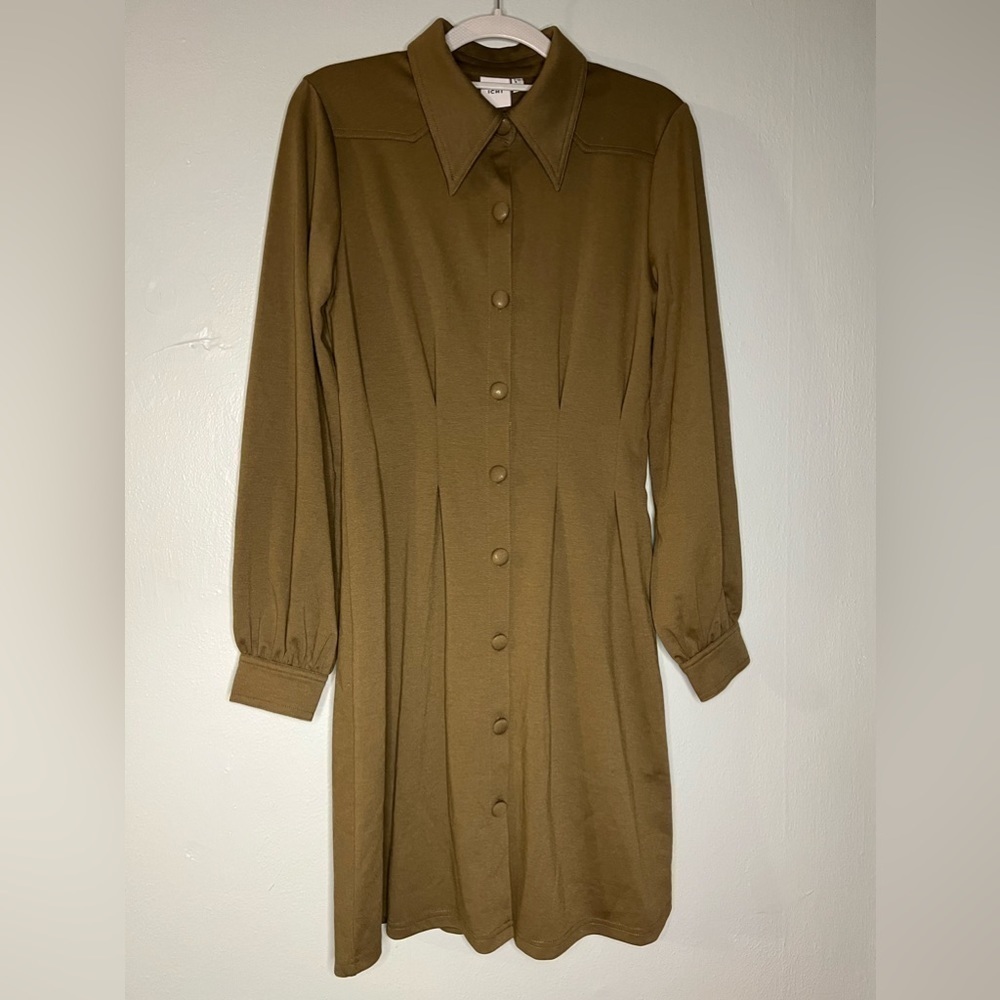 Ichi khaki green pleated button down‎ dress